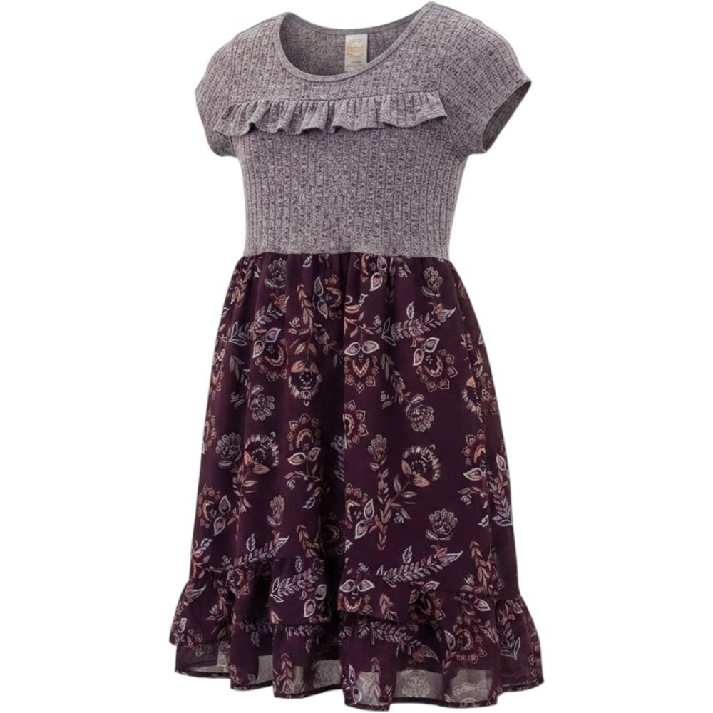 Wonder Nation Girls Mixed Media Floral Ruffle Dress Plum Purple L 10-12